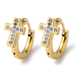 Golden Crystal Rhinestone Cross Hoop Earrings, Vacuum Plating 202 Stainless Steel Earrings with 304 Stainless Steel Pins for Women, Golden, 14x17x2.5mm, Pin: 1mm