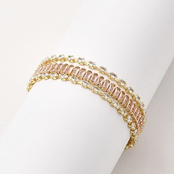 Pink Cubic Zirconia Rectangle Link Chains Triple Layer Multi-strand Bracelet, Real 18K Gold Plated Brass Jewelry for Women, Cadmium Free & Lead Free, Pink, 7-1/4 inch(18.5cm)