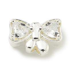 Серебро Покрытие стойки латунь микро паве бусина циркония, долговечный, без свинца и без кадмия, бантом, серебряные, 8.5x12.5x7 мм, отверстие : 1.8 мм