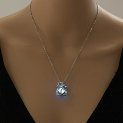 Light Sky Blue Glow in the Dark Luminous Alloy Cage Pendant Necklaces, Cat Shape, Light Sky Blue, 17.72 inch(45cm)