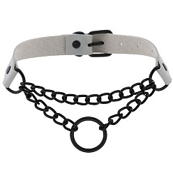 Black circle silver Dark Punk Leather Collar Necklace with Round Rings and Chain for Street Style