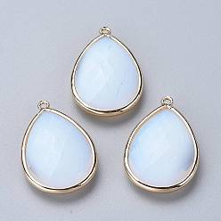 Opalite Faceted Opalite Pendants, with Light Gold Plated Brass Edge and Loop, Teardrop, 28.5~29.5x19~20x7mm, Hole: 1.2mm