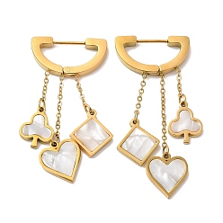 Golden Ace of Diamond & Hearts & Clubs Synthetic White Shell Dangle Hoop Earrings, 304 Stainless Steel Poker Card Drop Earrings, Golden, 45mm, Pin: 1mm