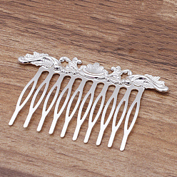 Silver Iron Hair Combs Findings, with Brass Flower, Silver, 75x48x3mm