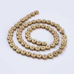 Golden Plated Electroplate Non-magnetic Synthetic Hematite Beads Strands, Frosted, Flat Round with Flower, Golden Plated, 6x2mm, Hole: 1mm, about 66pcs/strand, 15.9 inch(40.5cm)