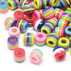 Mixed Color Opaque Stripe Resin European Beads, Large Hole Beads, Barrel, Mixed Color, 12x10.5mm, Hole: 5.5mm
