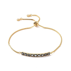 Black Enamel Rectangle with Evil Eye Link Slider Bracelet with Cubic Zirconia, Real 18K Gold Plated Brass Lucky Jewelry for Women, Black, Inner Diameter: 1/2~3 inch(1.2~7.6cm)