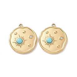 Synthetic Turquoise Synthetic Turquoise Pendants, with Ion Plating(IP) Real 18K Gold Plated 304 Stainless Steel Micro Pave Cubic Zirconia Findings, Flat Round Charm, 17x15x3.5mm, Hole: 1mm