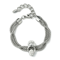 Stainless Steel Color 304 Stainless Steel Popcorn Chains Triple Layer Multi-strand Bracelet, with Cubic Zirconia Teardrop Links, Stainless Steel Color, 6-3/4 inch(17.3cm)