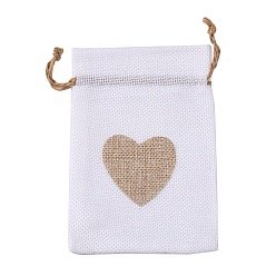 White Burlap Packing Pouches, Drawstring Bags, Rectangle with Heart, White, 14.2~14.5x10cm