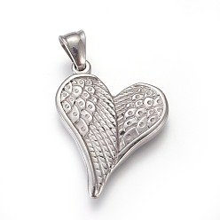 Stainless Steel Color 304 Stainless Steel Pendants with 201 Stainless Steel Clasp, Heart with Wing, Stainless Steel Color, 35.5x27.5x3.5mm, Hole: 4.5x7mm