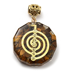 Tiger Eye Natural Tiger Eye European Dangle Polygon Charms, Large Hole Pendant with Golden Plated Alloy Chakra Slice, 53mm, Hole: 5mm, Pendant: 39x35x11mm