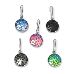 Mixed Color Resin Flat Round with Mermaid Fish Scale Keychin, with Iron Keychain Clasp Findings, Mixed Color, 2.7cm