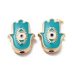 Turquoise Alloy Enamel Beads, Hamsa Hand/Hand of Miriam with Evil Eye, Golden, Turquoise, 12x9.5x4mm, Hole: 1.6mm