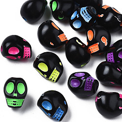 Mixed Color Opaque Black Acrylic Beads, Craft Style, Skull, Mixed Color, 9.5x7.5x8mm, Hole: 1.8mm, about 1300pcs/500g