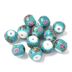 Средний Бирюзовый Бусины ручной работы бусины золотого песка, круглая с цветком, средне бирюзовый, 12~13.5x10~11.5 мм, отверстие : 2 мм