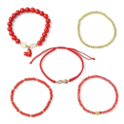 Red 5Pcs 5 Style Glass & Brass Beaded Stretch Bracelets Set, Heart & Infinity Alloy Rhinestone Adjustable Bracelets for Valentine's Day, Red, Inner Diameter: 2-1/8 ~3-1/2 inch(5.4~9cm), 1Pc/style