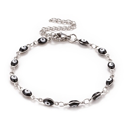 Black Enamel Horse Eye Link Chains Bracelet, 304 Stainless Steel Jewelry for Women, Stainless Steel Color, Black, 6-3/4 inch(17.1cm)