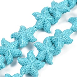 Голубой Нити резных бусин синтетического коралла, морская звезда, голубой, 21~21.5x19.5~21x8.5 мм, отверстие : 1 мм, около 20 шт / нитка, 13.39'' (34 см)
