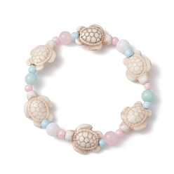 Jade Malais Bracelet enfant thème océan, Bracelet extensible en perles de jade naturel de Malaisie et de tortue turquoise synthétique, diamètre intérieur: 2-1/8 pouce (5.5 cm)