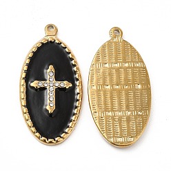 Black Vacuum Plating 201 Stainless Steel Enamel Pendants, with Rhinestones, Real 18K Gold Plated, Oval with Cross Charm, Black, 33x16.5x2.5mm, Hole: 1.2mm
