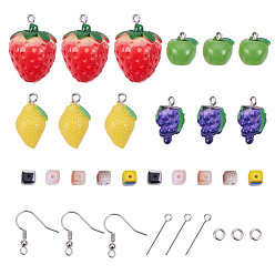 Mixed Color DIY Earring Makings, with Fruit Resin Pendants, Brass Earring Hooks and Jump Rings, 304 Stainless Steel Eye Pin, Electroplate Glass Beads, Mixed Color, 20x12x12mm, Hole: 2mm