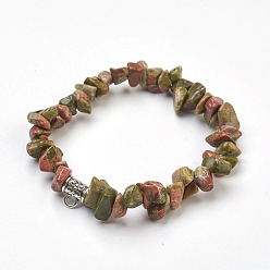 Unakite Natural Unakite Beads Stretch Bracelets, with Alloy Findings, Chip, 1-3/4 inch(4.5cm)
