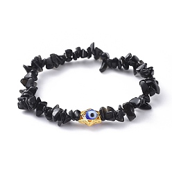 Black Stone Chips Natural Black Stone Stretch Bracelets, with Lampwork Beads and Alloy Bead Frame, for Jewish, Star of David, 2-3/8 inch(6.2cm)