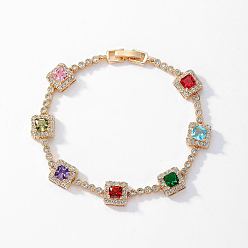 Golden Colorful Cubic Zirconia Tennis Bracelets for Women, Brass Square Link Chain Bracelet, Golden, Inner Diameter: 7-1/2 inch(19cm)