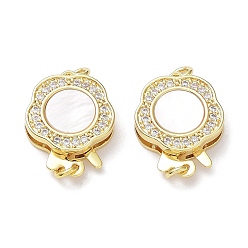 Real 18K Gold Plated Rack Plating Brass Micro Pave Clear Cubic Zirconia Box Clasps, with Natural Shell, 1-Strand, 2-Hole, Long-Lasting Plated, Lead Free & Cadmium Free, Flower, Real 18K Gold Plated, 17x13x3.5mm, Hole: 1.2mm