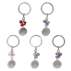 Mixed Stone Alloy Keychain, with Gemstone Beads, Flat Round with Tree of Life, 89mm
