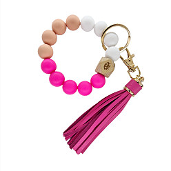 5 Colorful Silicone Bead Bracelet Keychain with PU Leather Tassel Pendant for Women