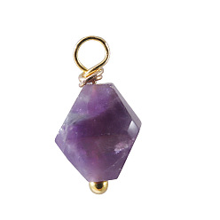 Amethyst Natural Amethyst Irregular Rhombus Charms, with Golden Tone Copper Wire Loops, 15mm