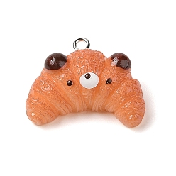 Медведь Кулон с имитацией еды из смолы, Подвески-круассаны с мультяшным медведем и железными петлями с платиновым покрытием, медведь, 30x27x12 мм, отверстие : 2 мм