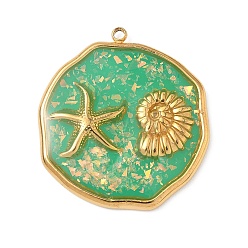 Весенне-зеленый 304 подвески из нержавеющей стали, эпоксидной смолы, с натуральными ракушками и пайетками внутри, плоские круглые подвески в форме морских звезд и ракушек, реальный 18 k позолоченный, вакуумное покрытие pvd, весенний зеленый, 28.5x26x3 мм, отверстие : 1.5 мм