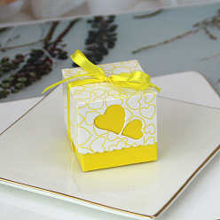 Yellow Square Foldable Creative Paper Gift Box, Candy Boxes, Heart Pattern with Ribbon, Decorative Gift Box for Wedding, Yellow, 5.2x5.2x5cm