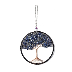 Lapis Lazuli Wire Wrapped Chips Natural Lapis Lazuli Big Pendant Decorations, with Iron Chains and Imitation Leather Rope, Flat Round with Tree of Life, 295mm