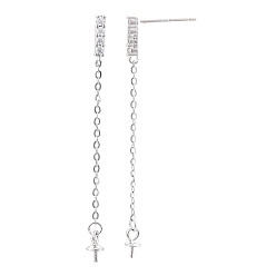 Real Platinum Plated 925 Sterling Silver Stud Earring Findings Micro Pave Cubic Zirconia, for Half Drilled Beads, with S925 Stamp, Cuboid with Chain, Real Platinum Plated, 44x2x2mm, Pin: 0.7×12mm