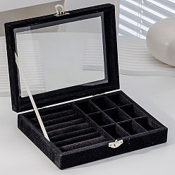 Black Rectangle Velvet Jewelry Organizer Boxes, Clear Visible Window Case for Rings, Earrings, Necklaces, Black, 20x15x5cm