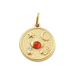 Красный Агат 304 подвески из натурального сердолика из нержавеющей стали, с целью перехода в кольце, плоские круглые прелести, ионное покрытие (ip), реальный 14 k позолоченный, 19x16.5x4 мм, отверстие : 4x2.5 мм