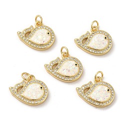 White Rack Plating Brass Micro Pave Cubic Zirconia with Synthetic Opal Pendants, with Jump Ring, Lead Free & Cadmium Free, Long-Lasting Plated, Fish, Real 18K Gold Plated, White, 18x15x3.5mm