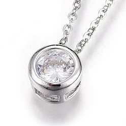 Stainless Steel Color 304 Stainless Steel Pendant Necklaces, with Cubic Zirconia, Flat Round, Clear, Stainless Steel Color, 17.7 inch(45.2cm)