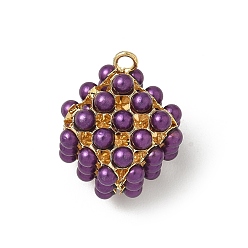 Фиолетовый Подвески из искусственного жемчуга, квадратный, с золотой латуни нахождения, ионное покрытие (ip), долговечный, без свинца и без кадмия, фиолетовые, 20.5x16x15 мм, отверстие : 2 мм