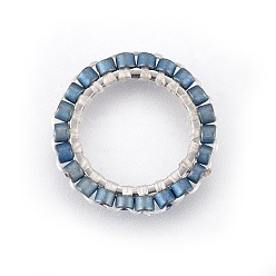 Steel Blue MIYUKI & TOHO Handmade Japanese Seed Beads, with 304 Stainless Steel Link Rings, Loom Pattern, Ring, Silver, Steel Blue, 14.5~15x1.7mm