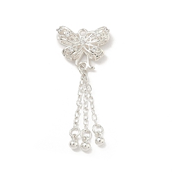 Серебро Латунные микропаве прозрачные подвески с фианитом, без кадмия и без свинца, стойки покрытие, долговечный, подвески в виде бабочки с кисточкой, серебряные, 38x16x5 мм, отверстие : 1.4 мм