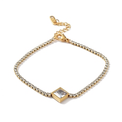 Rhombus Браслет с фианитами, с вакуумным покрытием PVD золотистого цвета 304 нержавеющая сталь стразы чашки цепи, ромб, 7-3/8 дюйм (18.8 см), Кулон : 12x12 мм