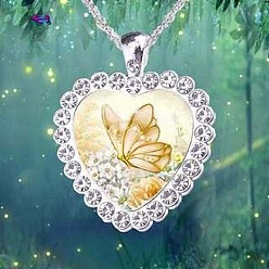 Goldenrod Heart Glass Pendant Necklaces with Rhinestone, with Platinum Alloy Chains, Goldenrod, Pendant: 23x25mm