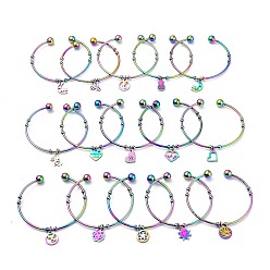 Rainbow Color 304 Stainless Steel Cuff Bangles, Torque Bangles, Mixed Shapes Charm Bangles, Rainbow Color, 2-3/8 inch(5.9cm)