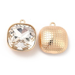 Crystal K9 Glass Pendants, with Light Gold Brass Finding, Square Charms, Crystal, 20x17.5x8.5mm, Hole: 1.6mm
