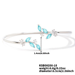 Синий Браслеты на открытой манжете из латуни с микропаве и кубическим цирконием, браслеты с подвесками в виде листьев для женщин, платина, синие, 2-1/2 дюйм (6.5 см)